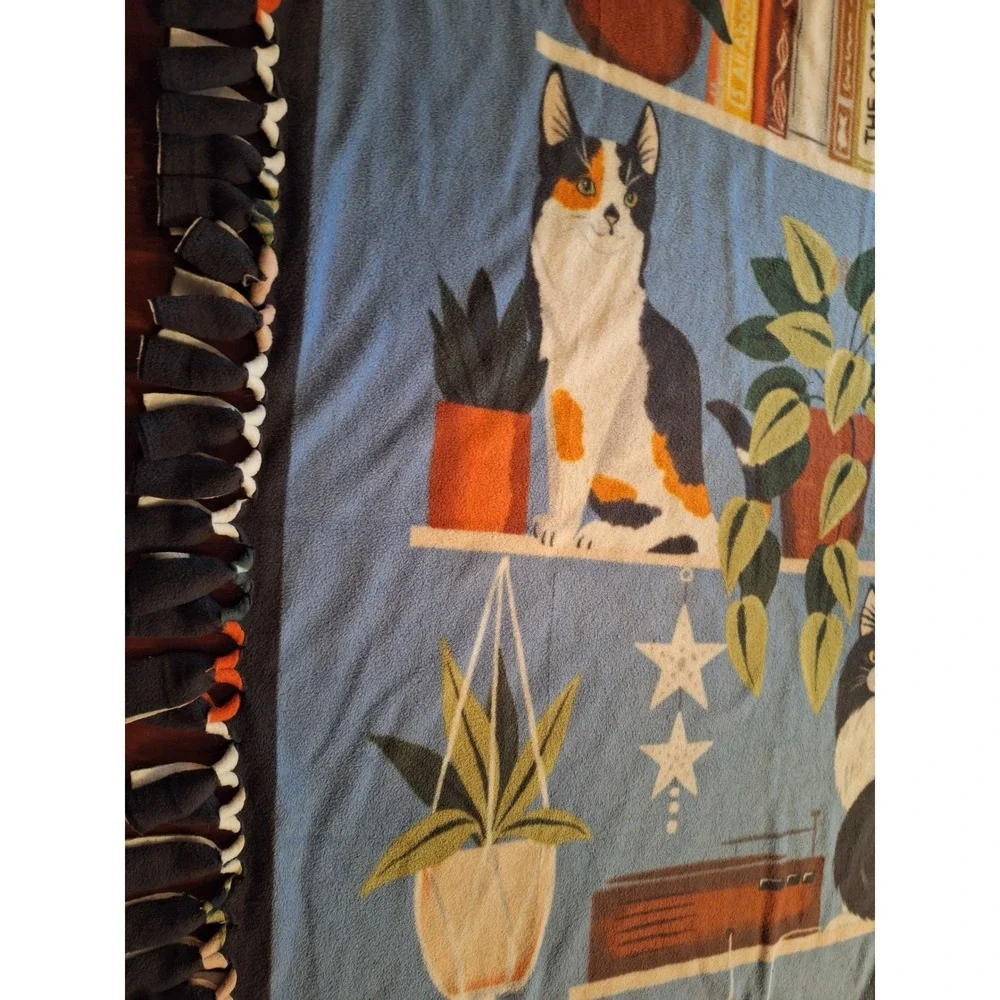 Handmade Fleece Tie Blanket Cats Books Plants Library Print Blue Throw 58